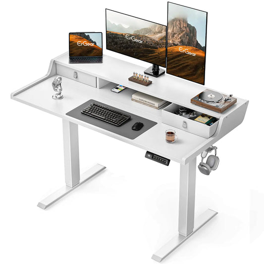 ErGear Electric Standing Desk with Drawers 48″ x 24″ Gaming Desk with Monitor Stand C-Clamp Mount Compatible Home Office Height-Adjustable Desk with Storage Shelf 4 Preset Heights White EGESD36W