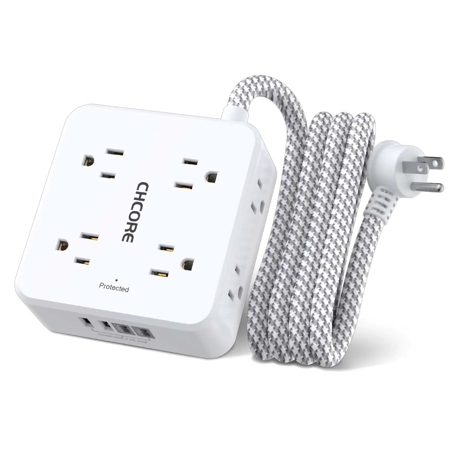 Surge Protector Power Strip - CHCORE 5Ft Braided Extension Cord with 8 Outlets with 4 USB (2 USB C) Charging Ports Flat Plug Multi Plug Outlet Extender Charging Station for Home Office ETL White